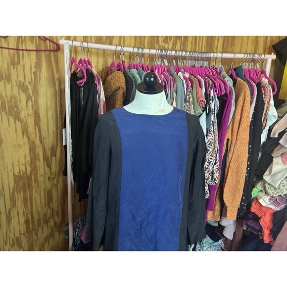 Madewell Color Block Silk Mini Dress Long Sleeves Blck & Blue Lined Sz S Zip - Picture 4 of 11